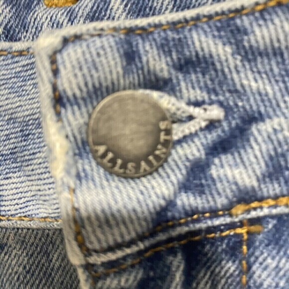 All Saints Denim Skirt Womens Size US 6 Blue Distressed Hem Side Pockets - Picture 4 of 9